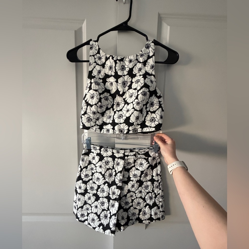Miss Selfridge Black and White Floral Two-Piece Co-ord Crop Top & Skort Set